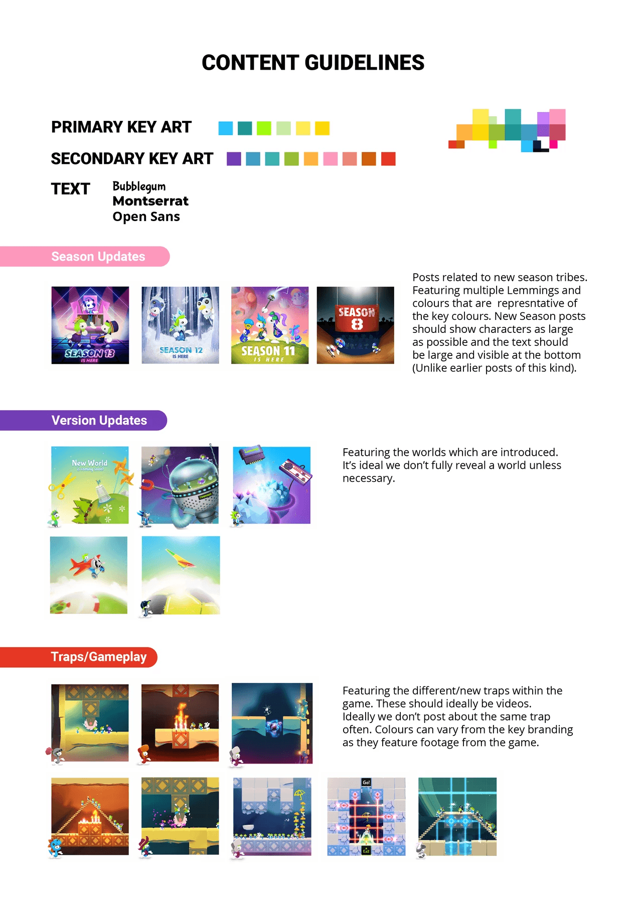 Content Guidelines document page listing brand colours and fonts, with example posts for the Season Updates, Version Updates and Traps/Gameplay content categories.
