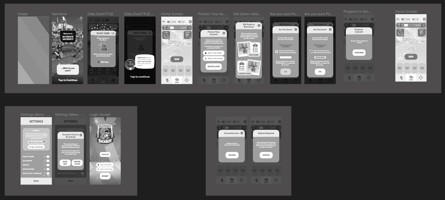Wireframe screens for additional scenarios, including the daily duel FTUE, an old game versus new game conflict, connection lost and update required popups.