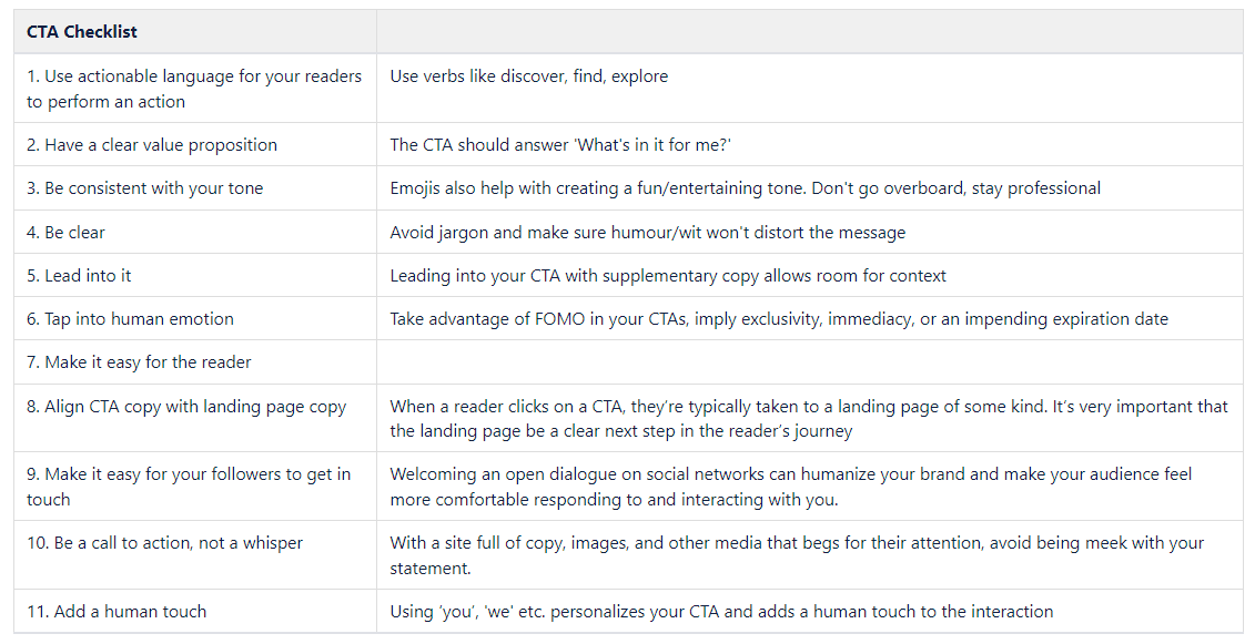 CTA checklist document listing eleven tips for writing effective calls to action in social captions, covering tone, clarity and emotional hooks.