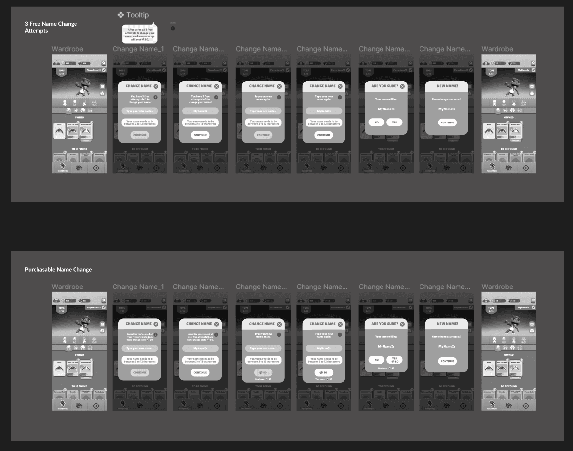 Wireframe flow for changing a player's name from the clothing inventory, showing free and purchasable name change attempts through to confirmation.
