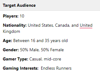 Target audience brief listing the ten testers by player count, nationality, age range, gender split, gamer type and gaming interests.
