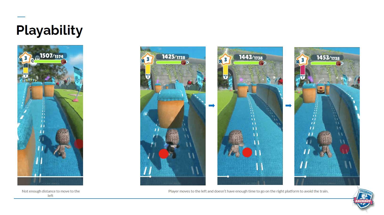 Gameplay screenshots showing a player failing to dodge an oncoming train because there was not enough room to move to a side platform in time.