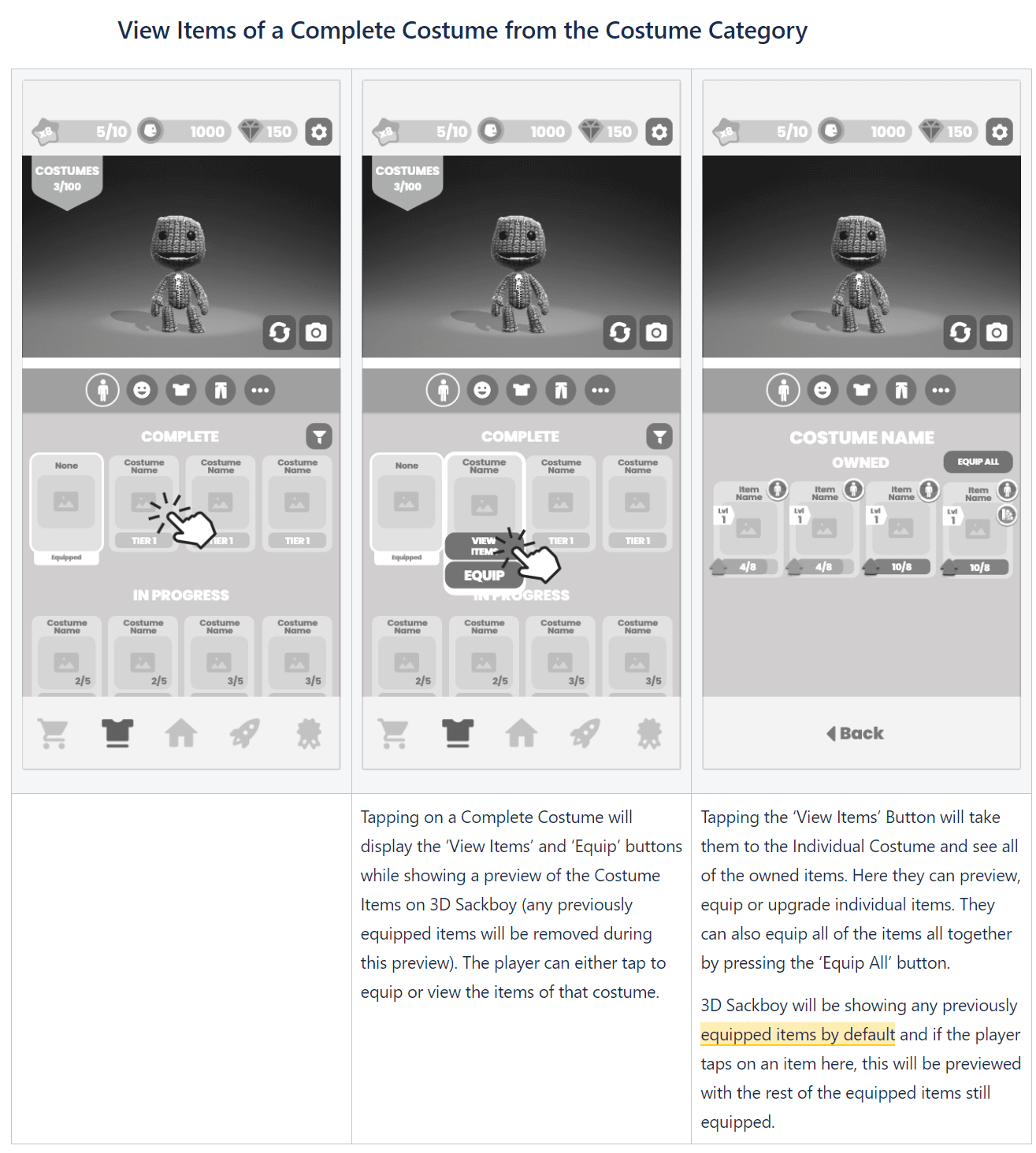 Three wardrobe screens showing a complete costume being tapped to reveal View Items and Equip buttons, then the individual costume screen listing all owned items with an Equip All option.