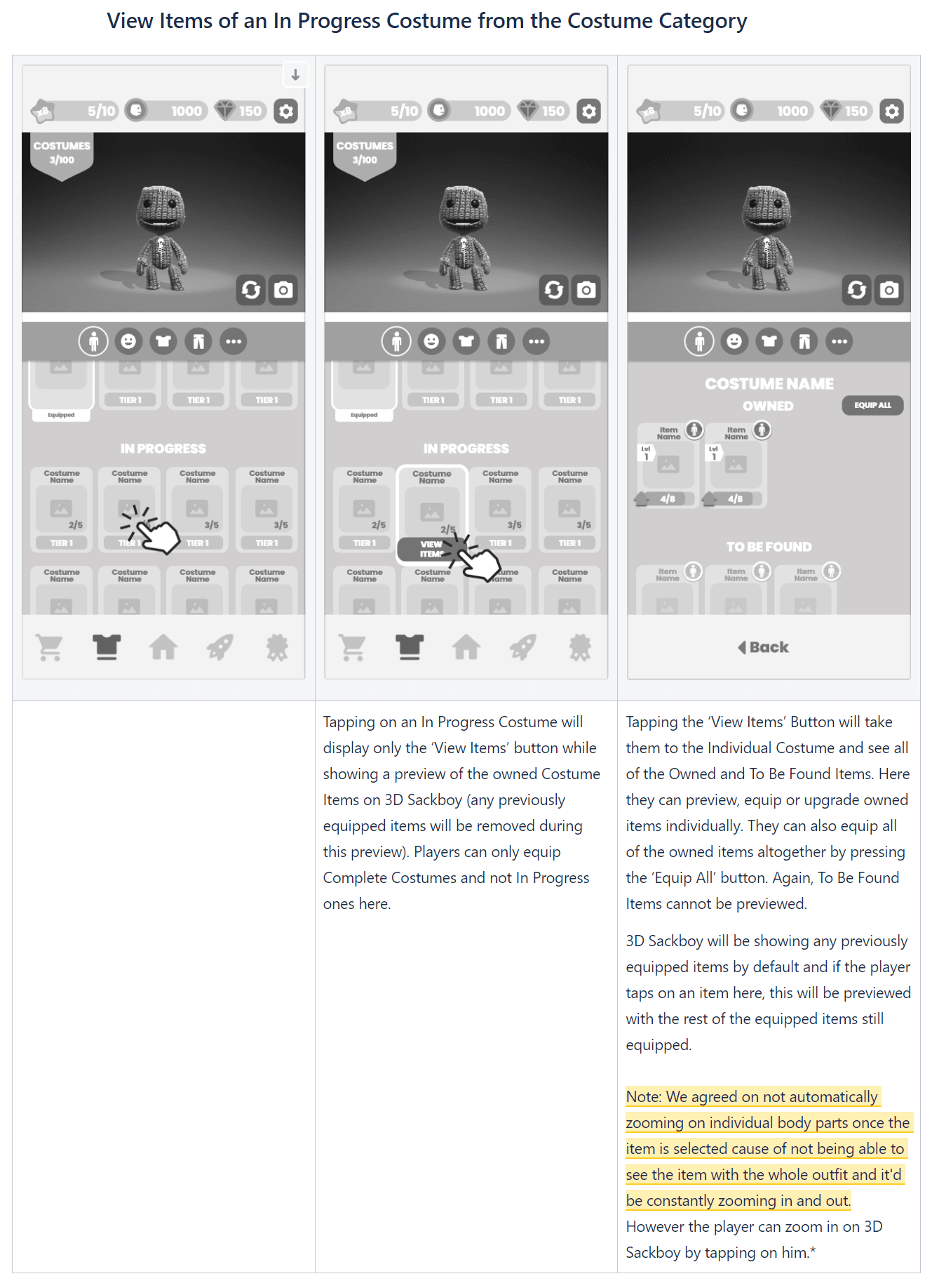 Three wardrobe screens showing an in-progress costume being tapped to reveal only a View Items button, with a note that zooming on individual body parts was intentionally left out.