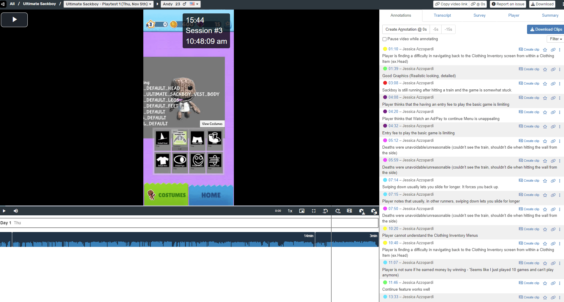 PlaytestCloud session recording with timestamped annotations noting usability issues observed while a tester played.