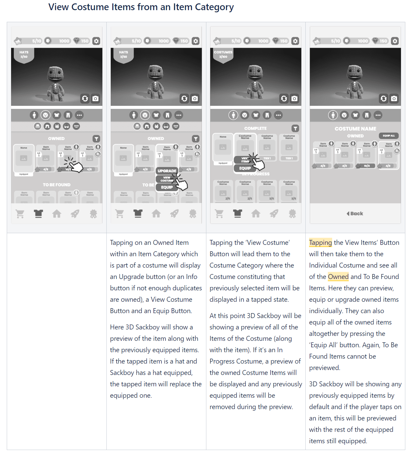 Four wardrobe screens showing an owned item that's part of a costume being tapped, then the View Costume flow into the individual costume screen.