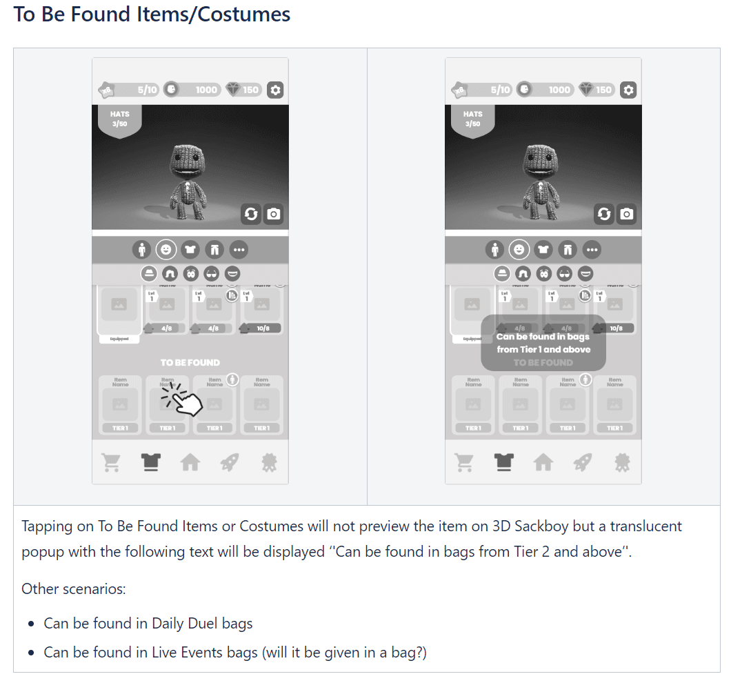 Two wardrobe screens showing the translucent popup shown when tapping a to-be-found item, plus a list of other bag-drop scenarios.