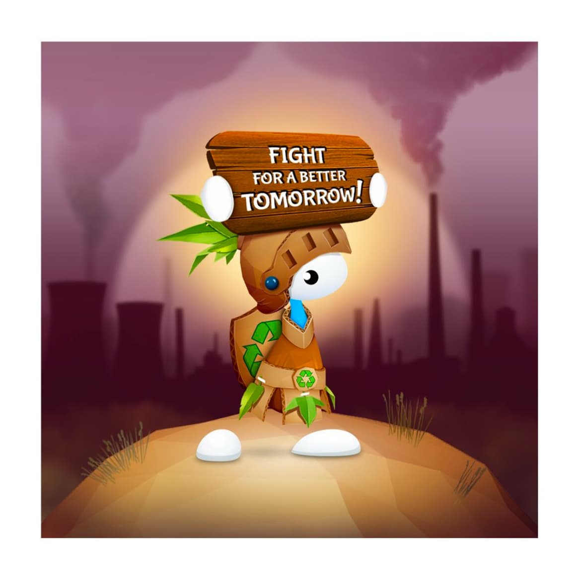 Illustration of a Lemming holding a sign reading Fight for a Better Tomorrow in front of a smoggy industrial skyline.