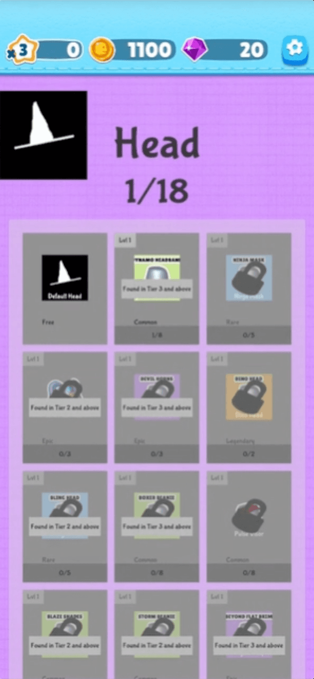 Existing Head category screen listing owned and locked head items with their rarity and unlock requirements.
