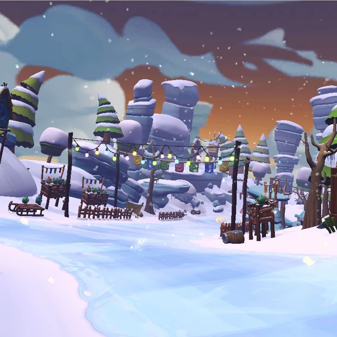 The Arctic Frost environment: an icy track lined with snow-covered rocks, bare trees, festoon lights and piggy market stalls.
