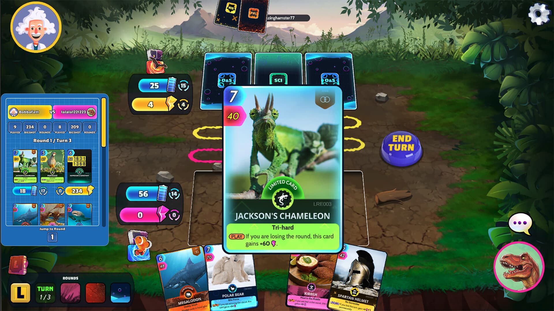 A card enlarged for inspection on PC: Jackson’s Chameleon at full size with its stats and ability text legible at monitor distance, alongside a match history panel down the left listing both players’ stats, the cards played each round and a jump-to-round control.