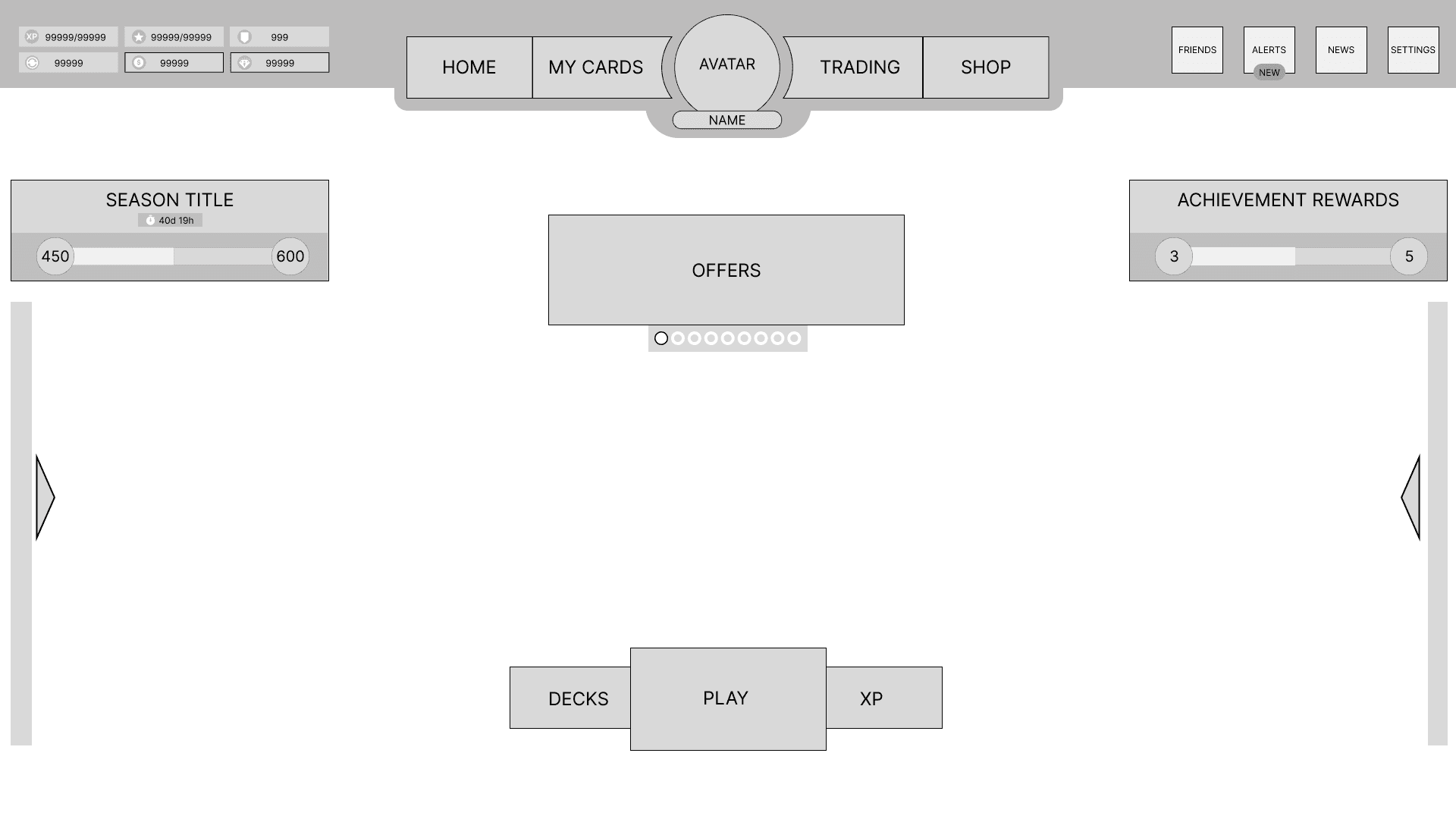 Landscape wireframe of the PC home screen with both side drawers closed: currencies top left, a HOME, MY CARDS, AVATAR, TRADING and SHOP navigation bar across the top, season progress and achievement rewards at the upper corners, an offers carousel in the centre, DECKS, PLAY and XP along the bottom, and a thin collapsed handle at each side edge.
