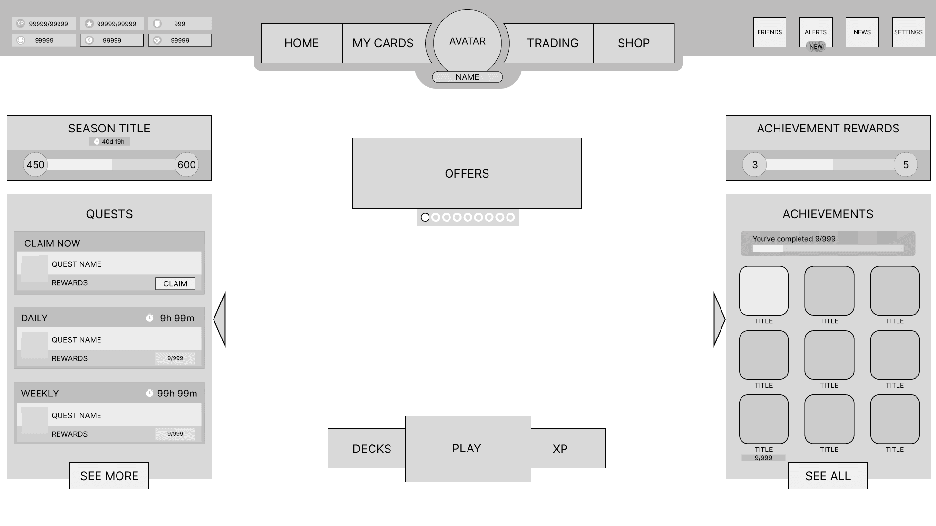 The same home screen wireframe with both drawers open: a quests panel on the left listing claim now, daily and weekly quests with timers and a See more button, and an achievements panel on the right showing a completion count, a grid of achievement tiles and a See all button. The centre of the screen is unchanged.